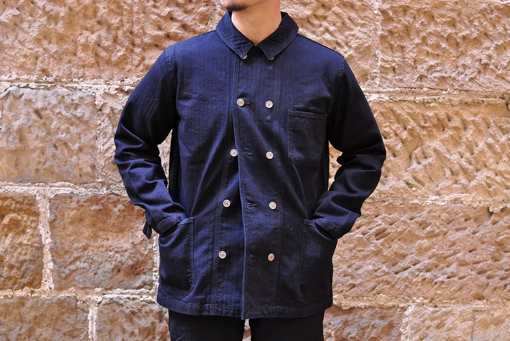 Custom Pure Blue Denim Plain Dyed Service Up an Indigo-Dyed HBT Chore With A Double Button Placket