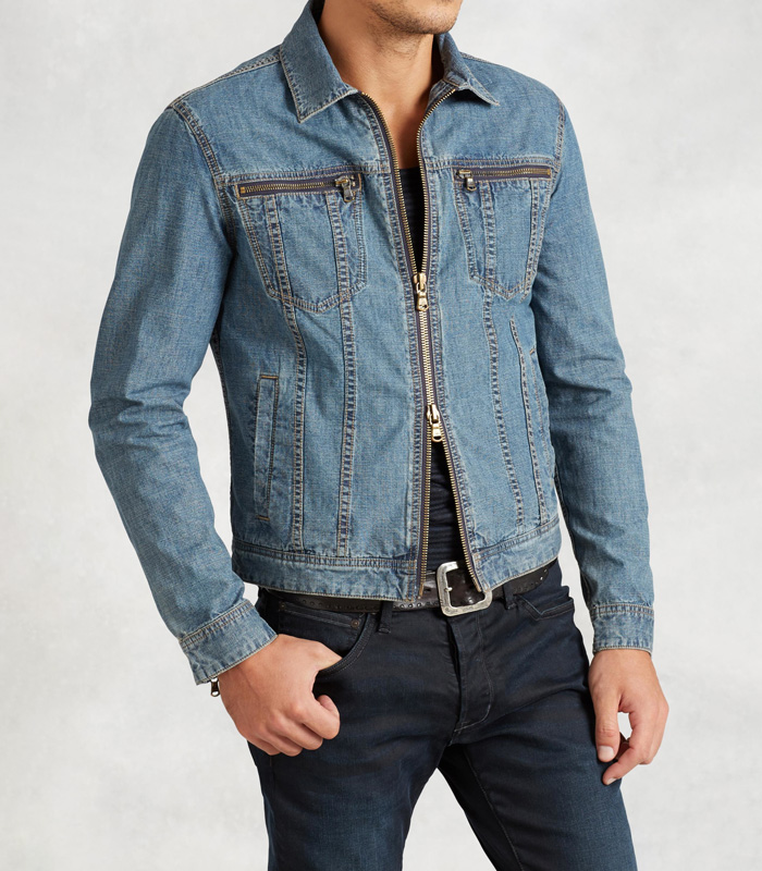 Custom Denim Zip Jacket in Blue for Men