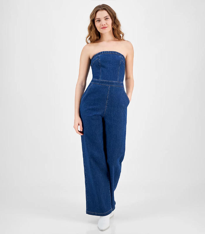 Juniors' Strapless Denim Jumpsuit