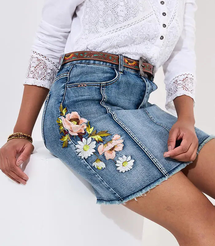 Summer Florals Embroidered Denim Mini Skirt