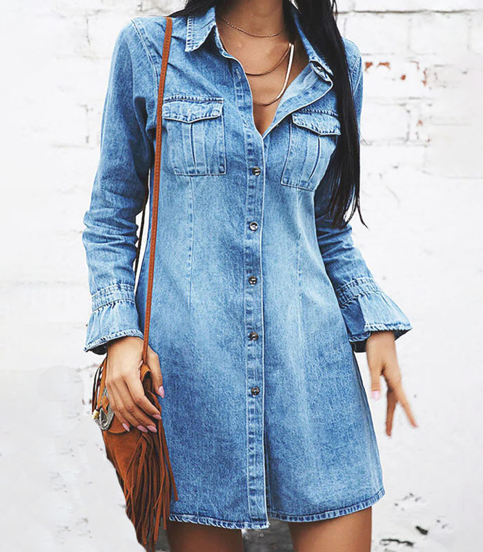 Collar Long Sleeve Buttons Down Min Denim Dress