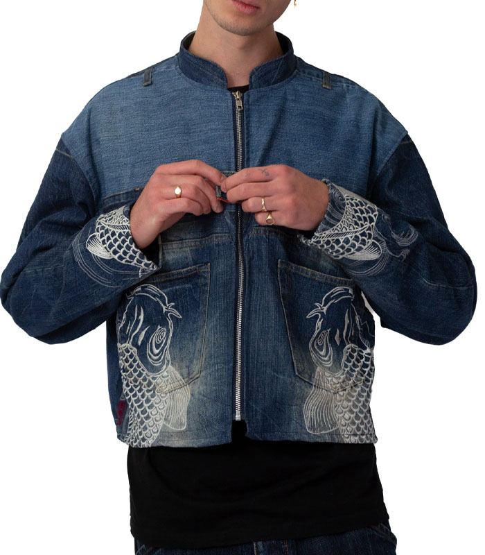 Custom zip up fish laser engraving denim jacket