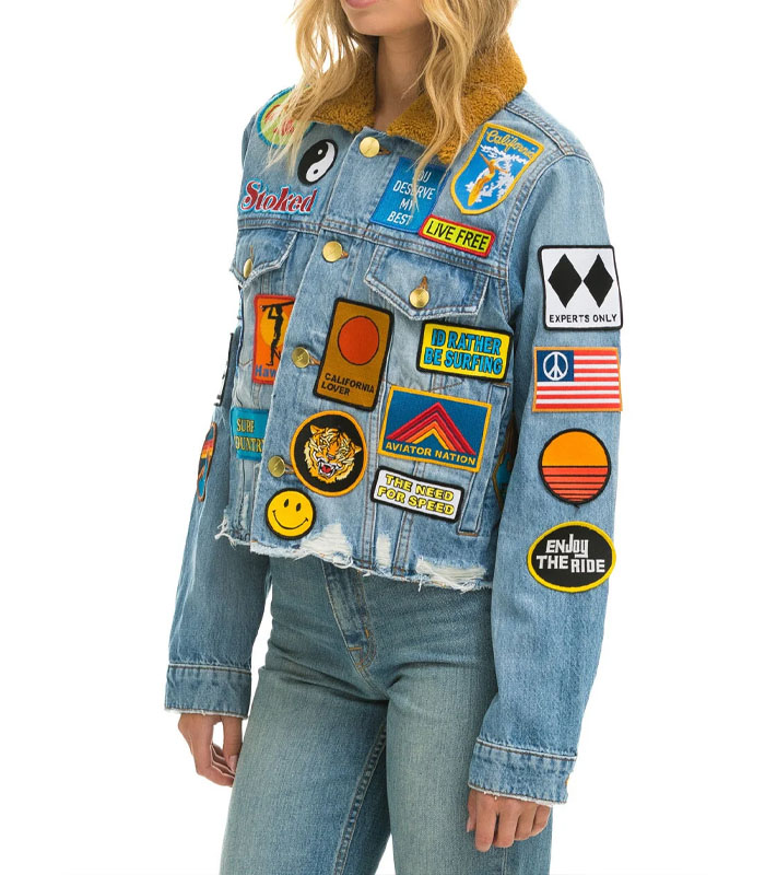 vintage patch unisex crop denim jacket