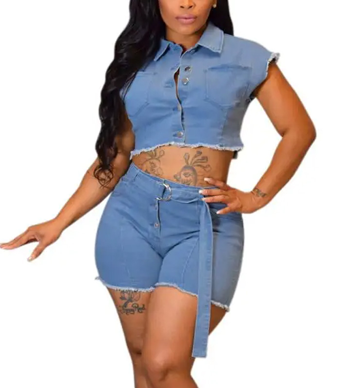 Women's Denim Sets Fashion Sexy Sleeveless Crop Tops Shorts