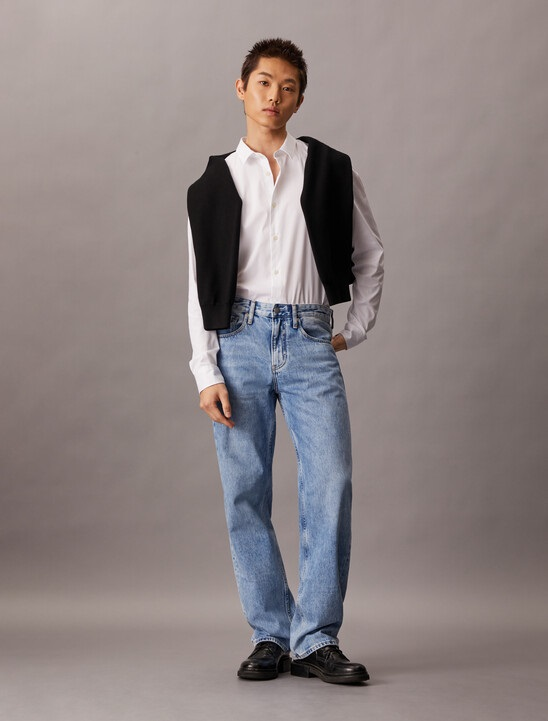 men's loose solid denim barrel pants with multi po