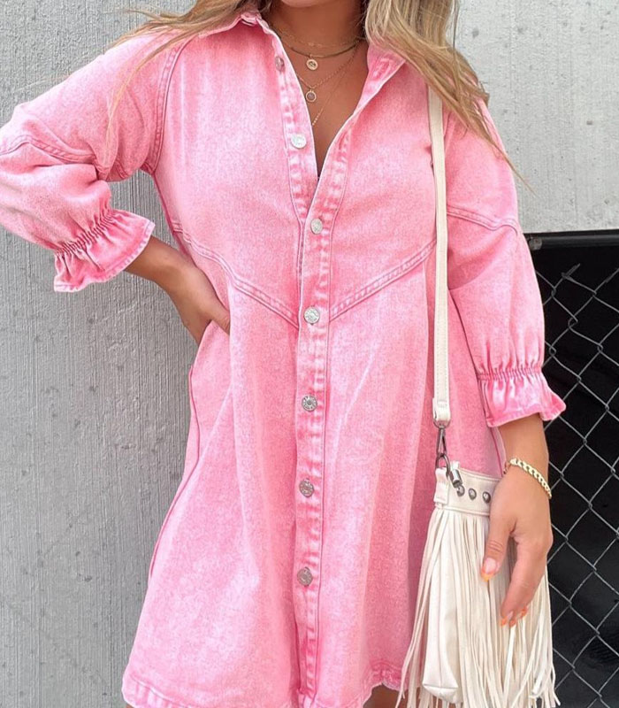 Red Button Down Long Sleeve Denim Mini dress