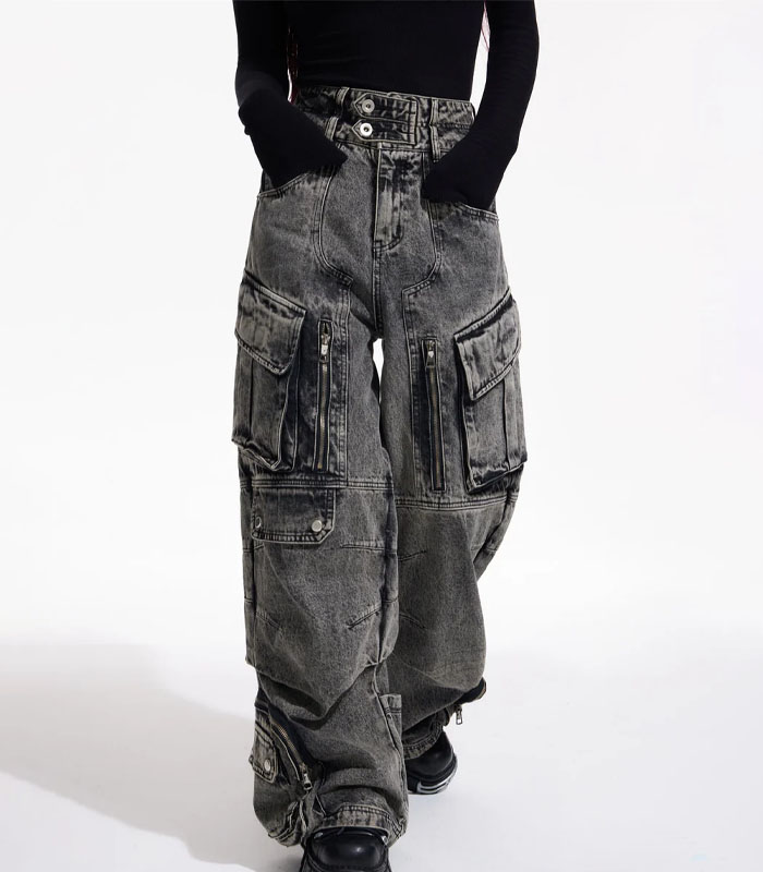 Work style multi-pocket acid wash jeans