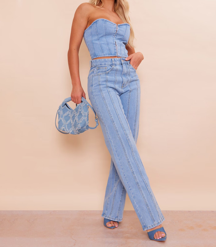 Light Blue Wash Panelled Seam Straight Leg Jeans
