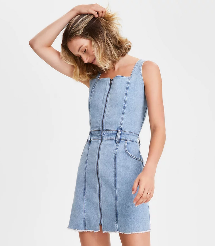 Juniors' Denim Zip-Front Pinafore Dress