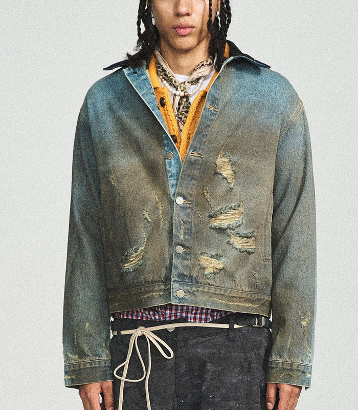 Ripped washed denim jacket men