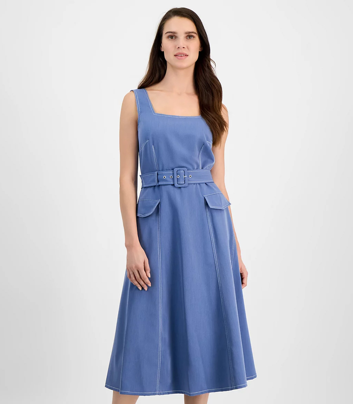 Women's Denim Belted Midi Dress