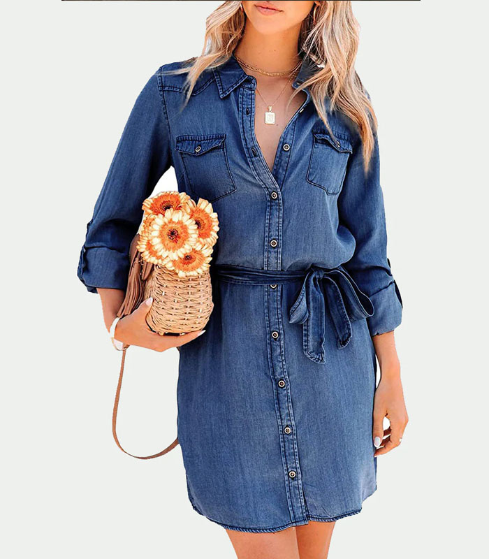 Elegant Collar Buttons Down Long Sleeve Denim Mini Dress