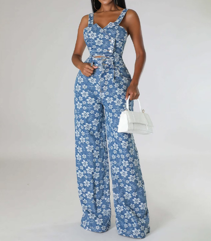 Wholesale Fashion Casual Two Piece Jean Set Denim Top And Wide Leg