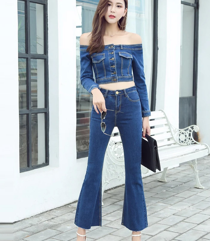Flare Pant Women Ripped 2 Piece Set Denim Suits