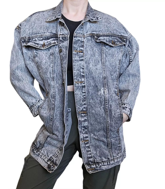 Retro Jean Jacket Small Black Stone Acid Wash Streetwear Gray