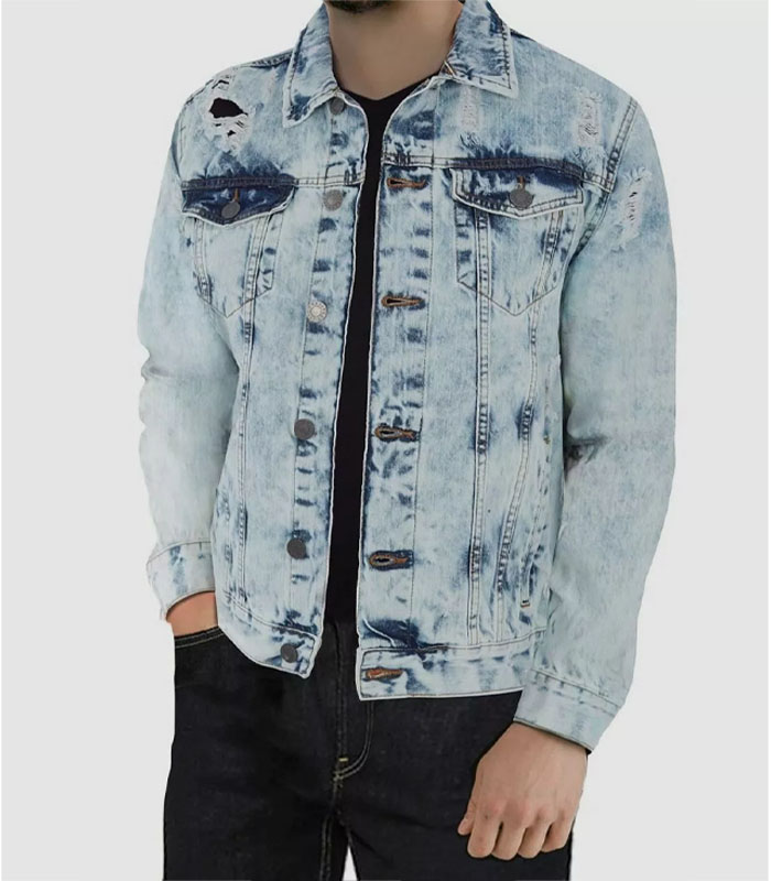 Men's Blue Slim Washed Distressed Denim Jeans Jacket Coat