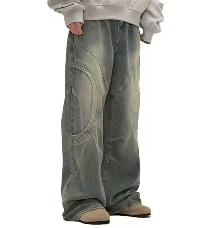 New Y2k loose jeans Wide leg curved patchwork jeans Monkey wash high quality straight leg cowboy men