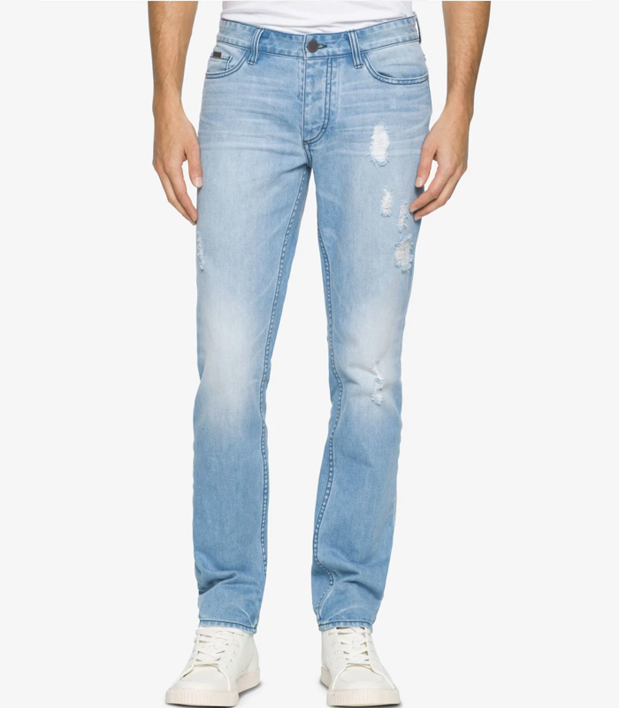 Denim Men's Slim Straight Pure Blue Jeans for Men