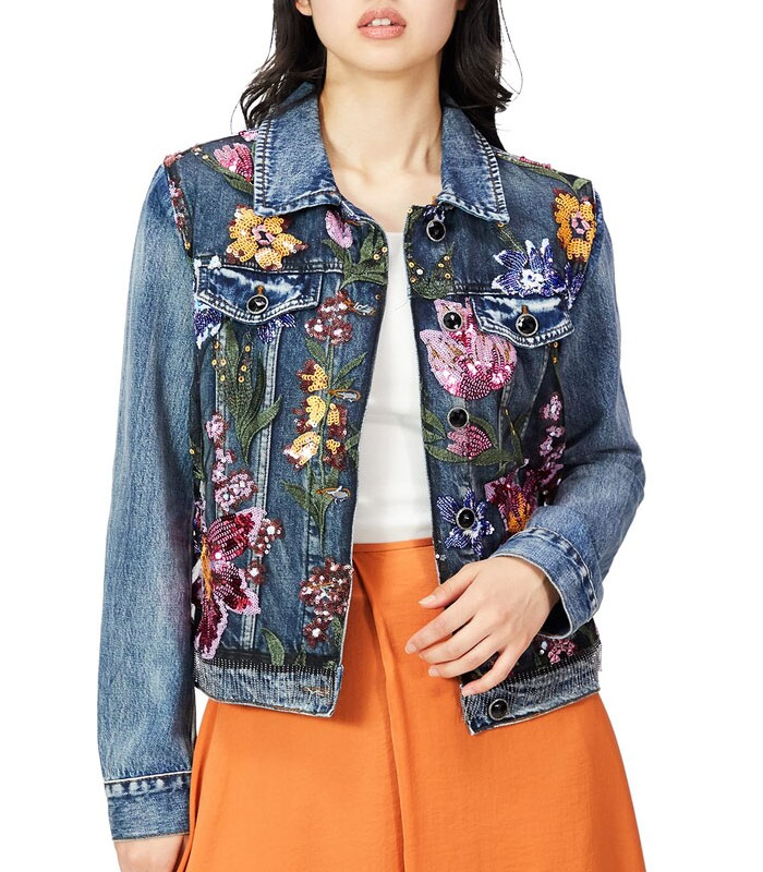 Customized Sequin Flower Blue Denim Jacket