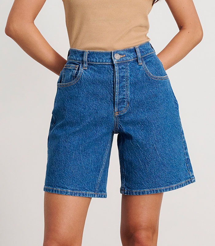 Custom Mid Rise Denim Shorts in Blue Wash