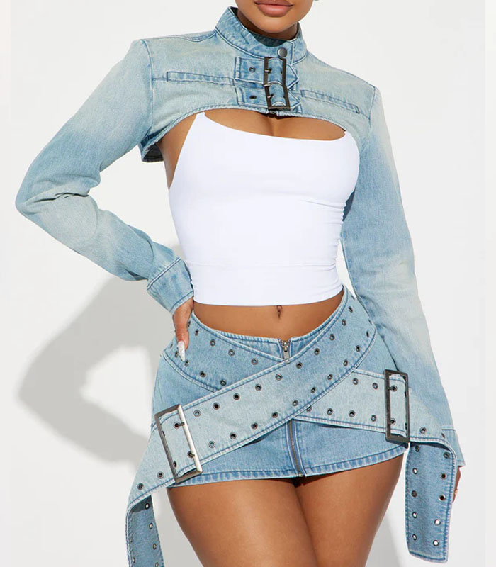 Light Wash Melody Denim Micro Mini Skirt Set