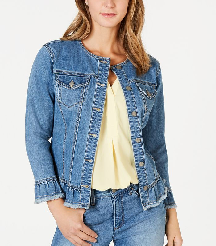 Custom blue scottie ruffle denim jacket