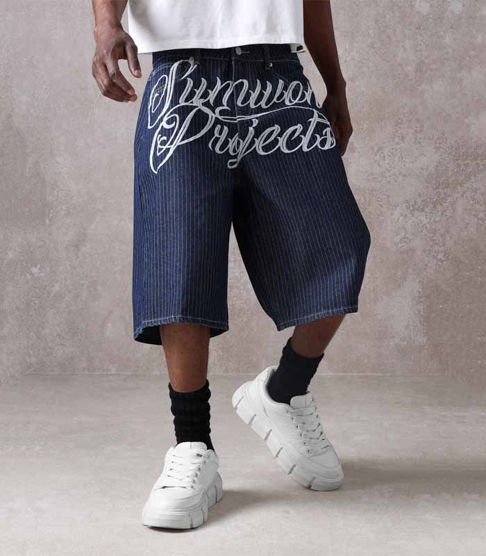 Embroidered Crotch Stripe Denim Jorts