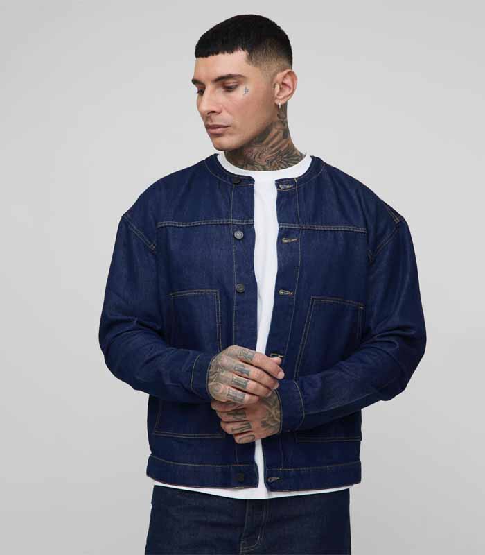 Mens Blue Tall Contrast Stitch Oversized Collarless Denim Jacket