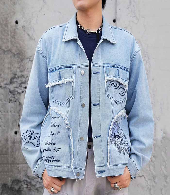  Plus Size Men's Button Front Long Sleeve Pocket Frayed Hem Casual Denim Jacket