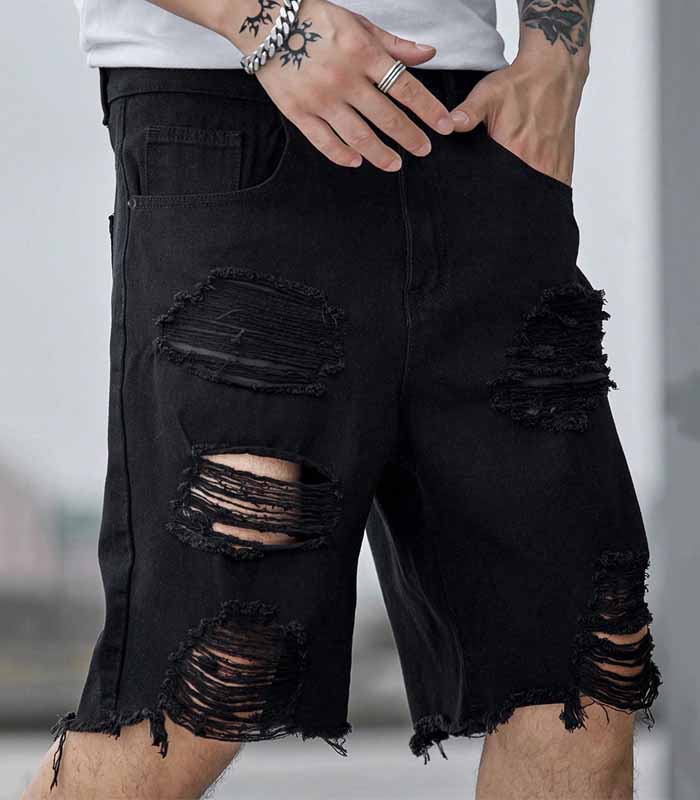 Men Cotton Ripped Raw Hem Denim Shorts Plain Denim Jorts Vacation Baggy Black Denim Shorts