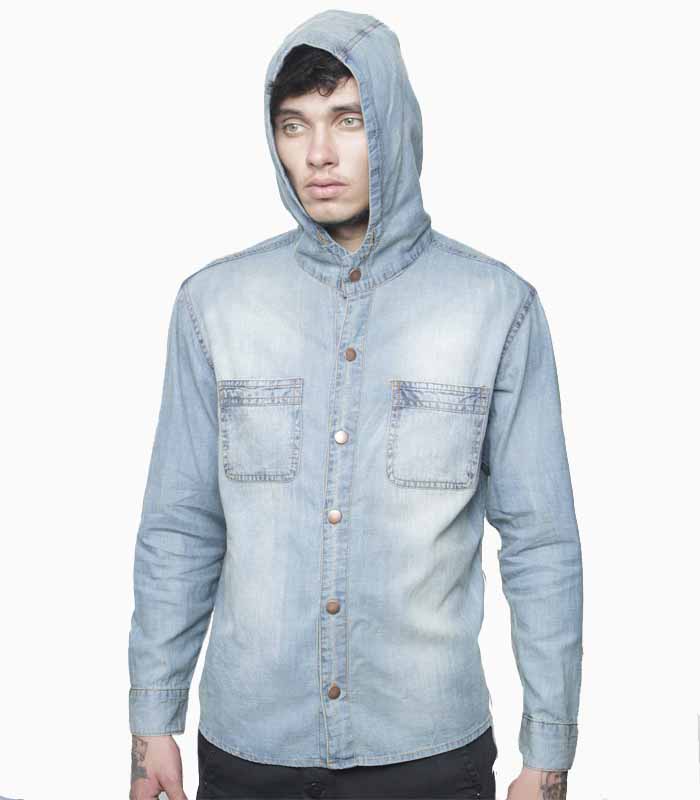 Men’s Light-Wash Hooded Denim Shirt 