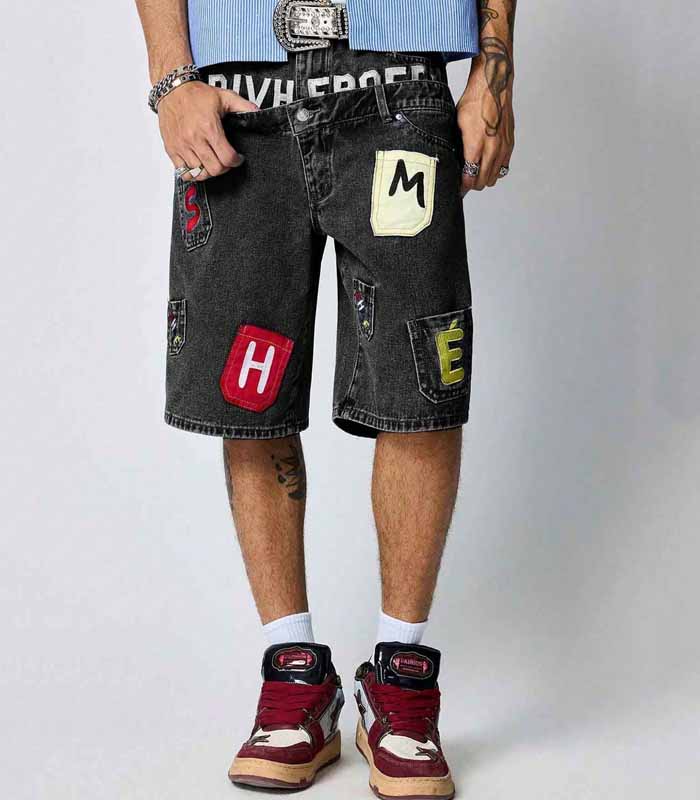 Men's Double-Layered Waistband Embroidered Denim Shorts