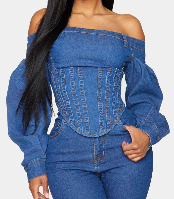 denim corset top with sleeves