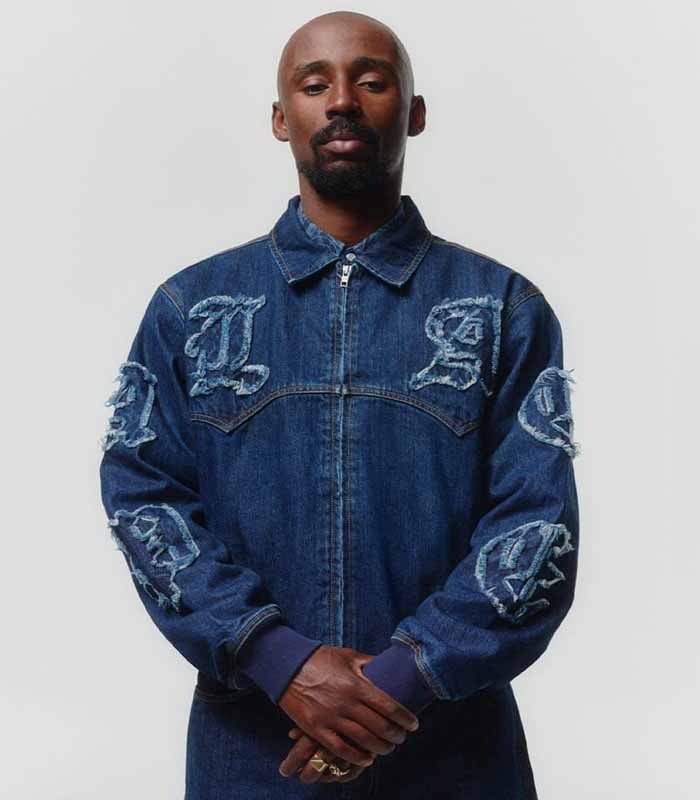 men's washed, frayed, embroidered denim jacket