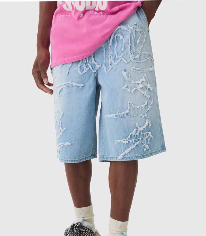Official Self Fabric Applique Denim Jorts In Ice Blue