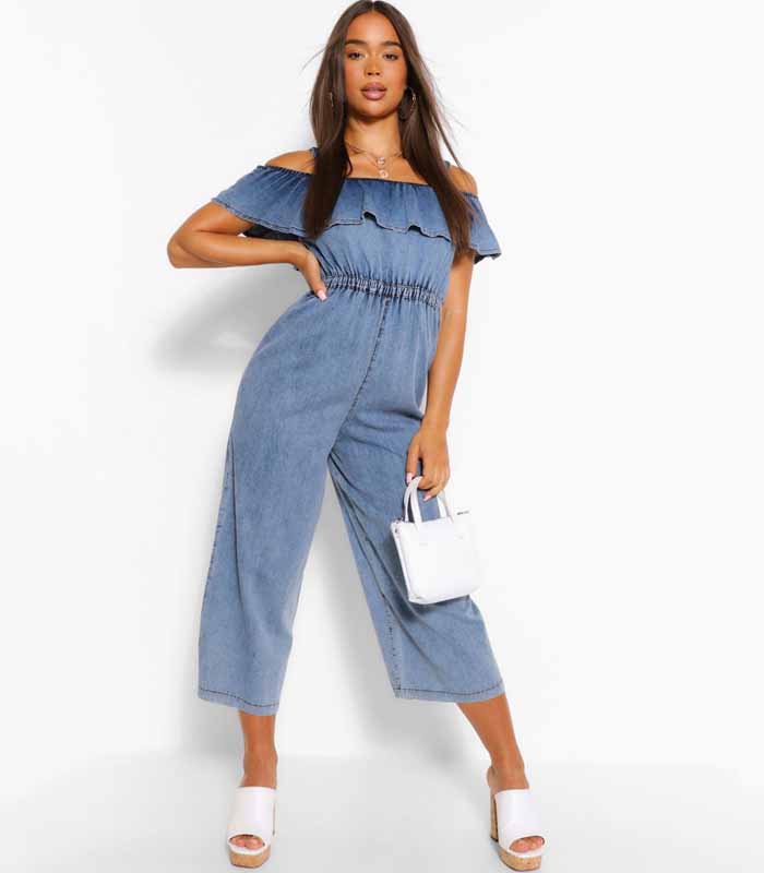 Off-the-Shoulder Ruffled Women's Denim Jumpsuit