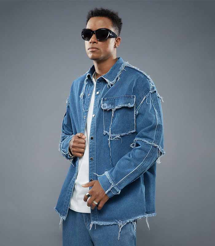 Men Raw Edge Flap Pocket Drop Shoulder Denim Shirt