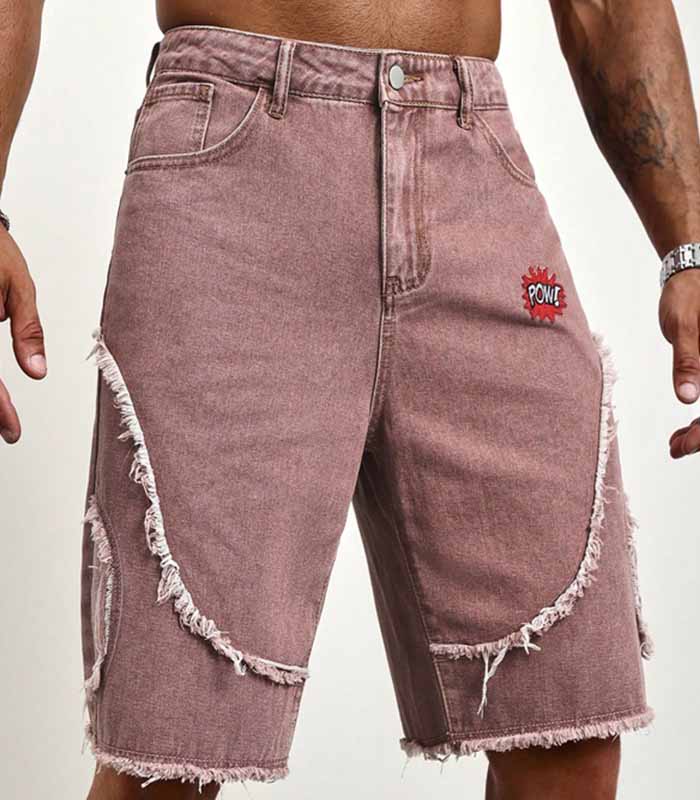 Men Button Waistband Loop Pocket Frayed Edge Trendy Denim Shorts
