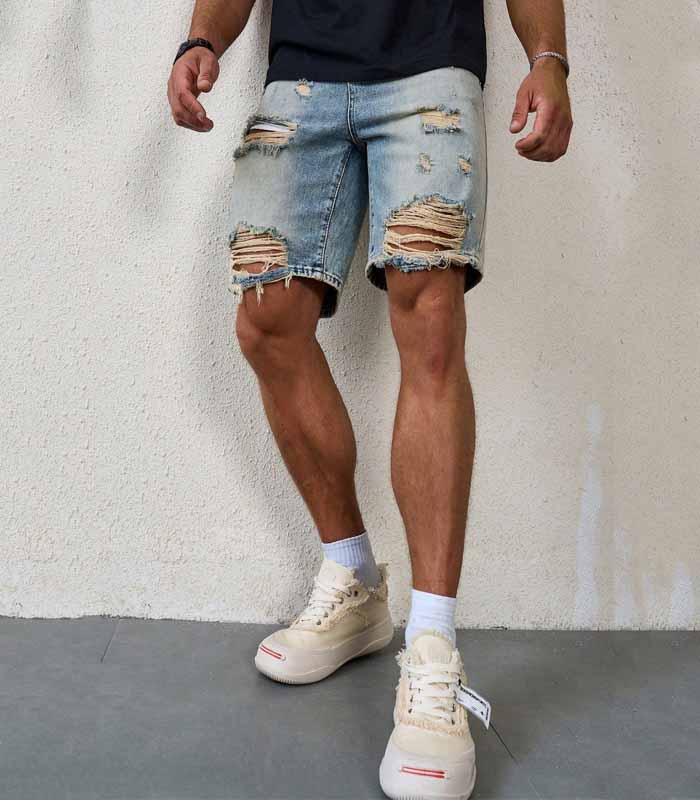  Men's Ripped Casual Denim Shorts With Pockets, Low-Rise