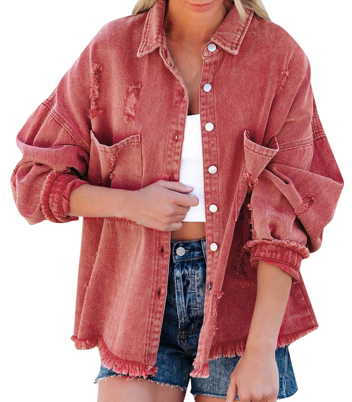 Custom women red ripped stone washed denim jacket
