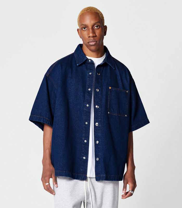 Oversized Fit Short Sleeve Denim Shirt With Front Pocket