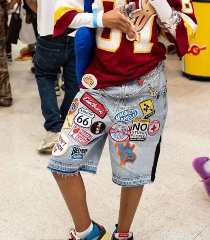 Custom Denim Shorts Men and Women Hip Hop Rock Cartoon Pattern Patch Blue Loose  Harajuku