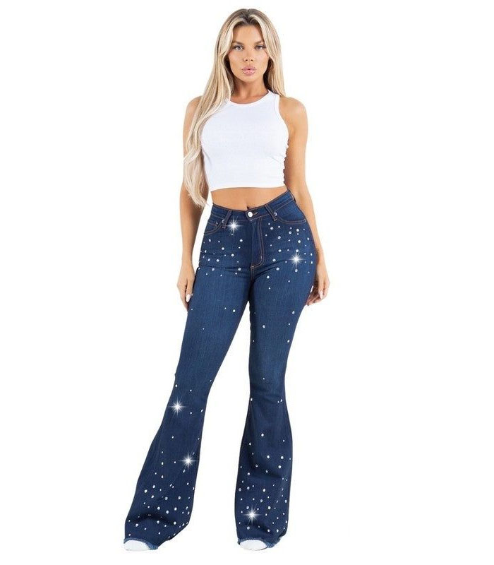 High-waisted rhinestone flare jeans