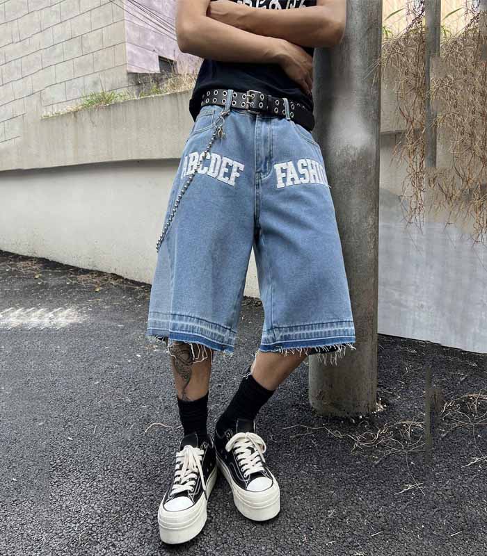 Men's Casual Loose Letter Patch Denim Shorts