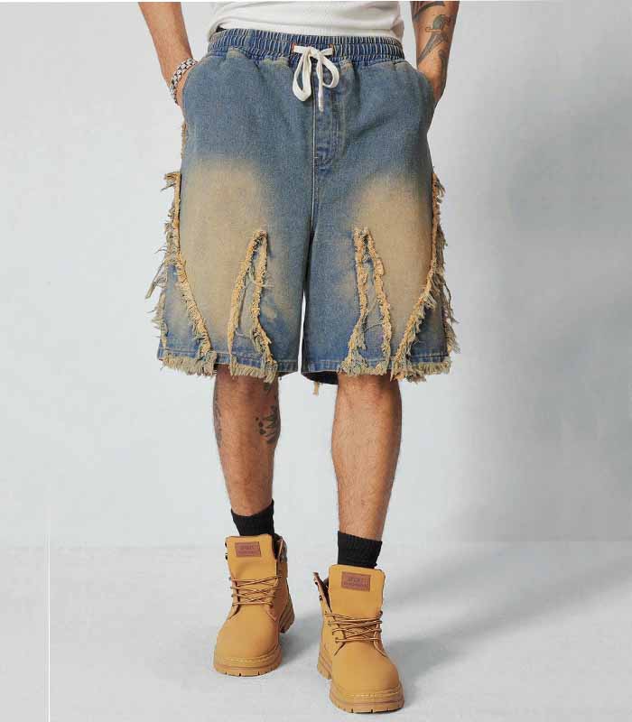 Men's Grunge Front Tie Pocket Frayed Edge Casual Denim Shorts