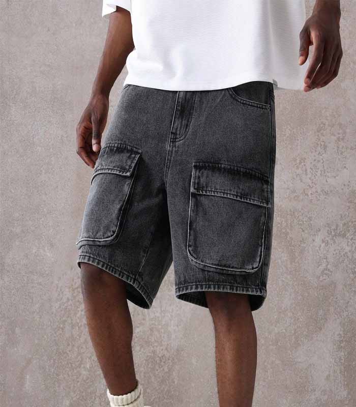 Black Washed Denim Shorts with Pocket Design