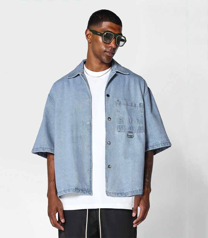 Boxy Fit Revere Collar Denim Shirt