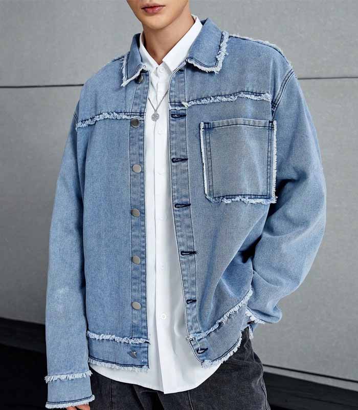 Men Raw Trim Pocket Patched Denim Jacket