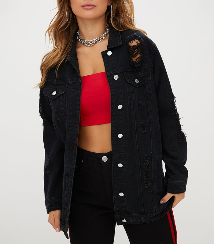 Custom black denim jacket embroidered