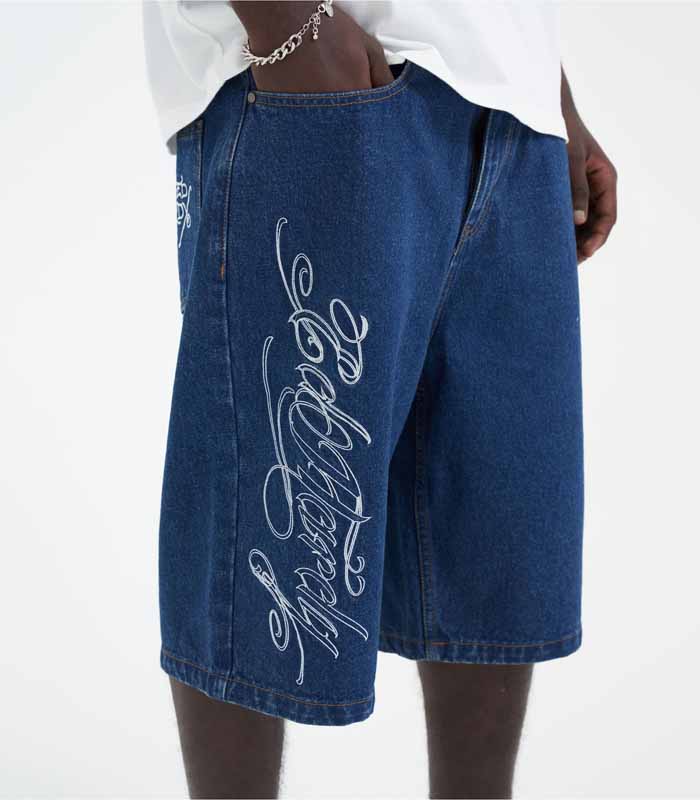 Mens Panther Snake Diamante Denim Jorts Shorts